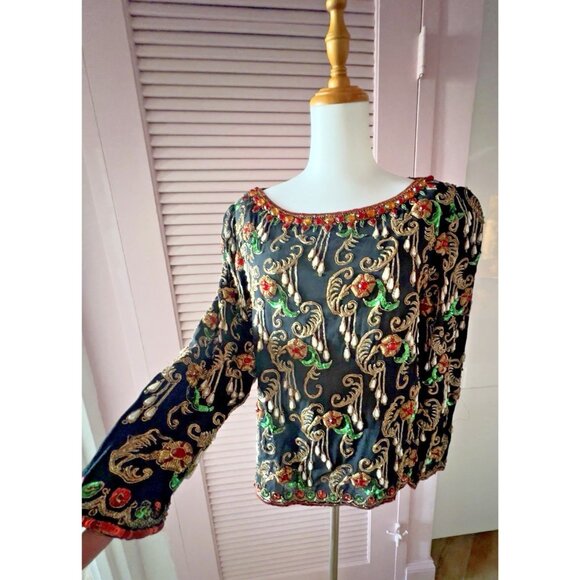 ART DECO Sz S/M Beaded Blouse Concetta Rafanello St. Martin Sequin GLAMOROUS - Picture 10 of 16